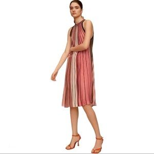 MANGO Pink Black Stripe Pleated Halter Midi Dress